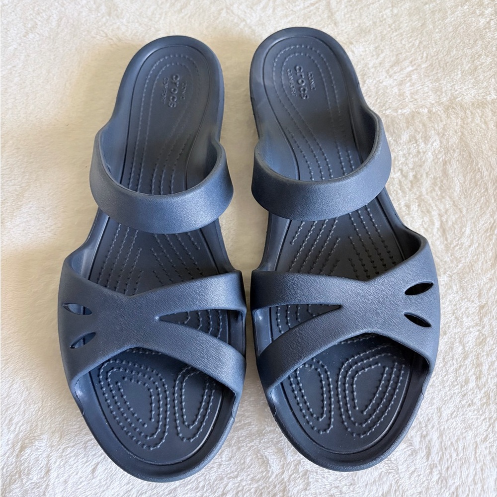 CROCS Dark Blue Double-Strap Slide Sandals Women’s Sz‎ 11 - Picture 2 of 6